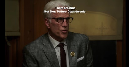 Michael (Ted Danson) explaining the different hot dog departments on 'The Good Place'