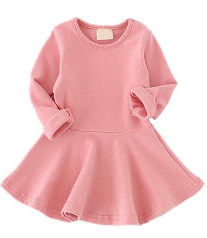 GSVIBK Baby Girls Cotton Dress Solid Toddler Dress Girl Casual Dress Long Sleeve Infant Playwear Dre...