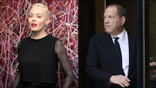 Left: The actress Rose McGowan poses in a black outfit in front of a paint-spattered background. Rig...