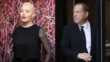 Left: The actress Rose McGowan poses in a black outfit in front of a paint-spattered background. Rig...