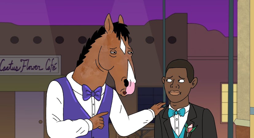 BoJack (voiced by Will Arnett) and Pete Repeat (voiced by Jermaine Fowler) in BoJack Horseman