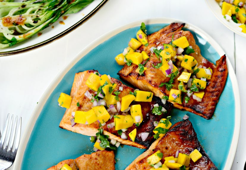  honey glazed salmon with a fresh and simple mango salsa recipe from Simply Scratch is a light and y...
