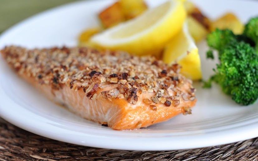 Maple pecan crusted salmon from Mel's Kitchen Cafe is a sweet and savory meal