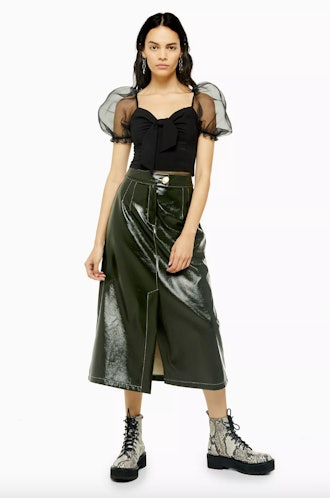 A-Line Faux Leather Vinyl Midi Skirt