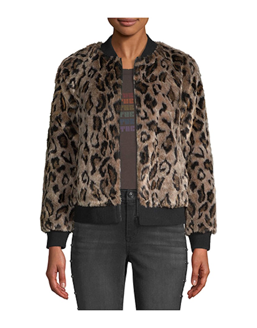 Scoop Faux Fur Leopard Zip Up Bomber Jacket Women's