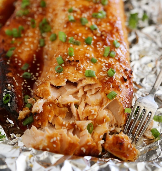 Honey-soy Asian salmon in foil recipe from The Comfort of Cooking is tender and full of flavor