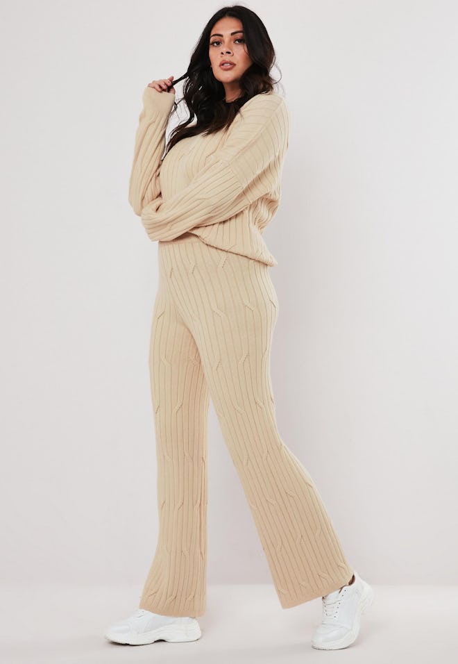 Plus Size Beige Cable Knit Flared Trousers Co-Ord