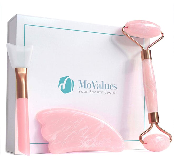 MoValues Original Jade Roller for Face and Gua Sha Set