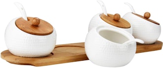 RUCKAE Porcelain Condiment Jar Spice Container with Bamboo Lid (4-Piece Set)