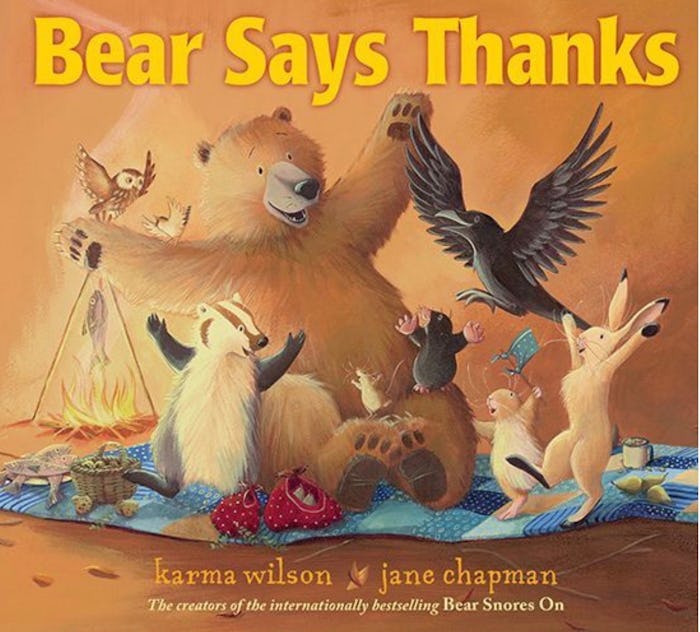 the cover of "bear wants more" by karma Wilson features an illustrated bear and other animals