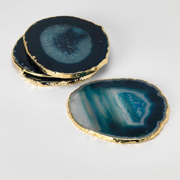 24k Gold Gilt-Edged Blue Agate Coasters