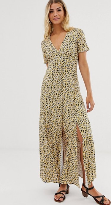 ASOS DESIGN button through maxi tea dress with splits in yellow ditsy print