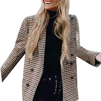 Women Plaid Retro Blazer Coat 