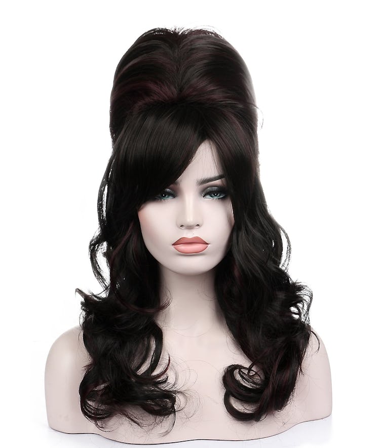 Kalyss Black Beehive Wig with Little Wine Red Streaks Women’s Curly Wavy Long Heat Resistant Synthet...