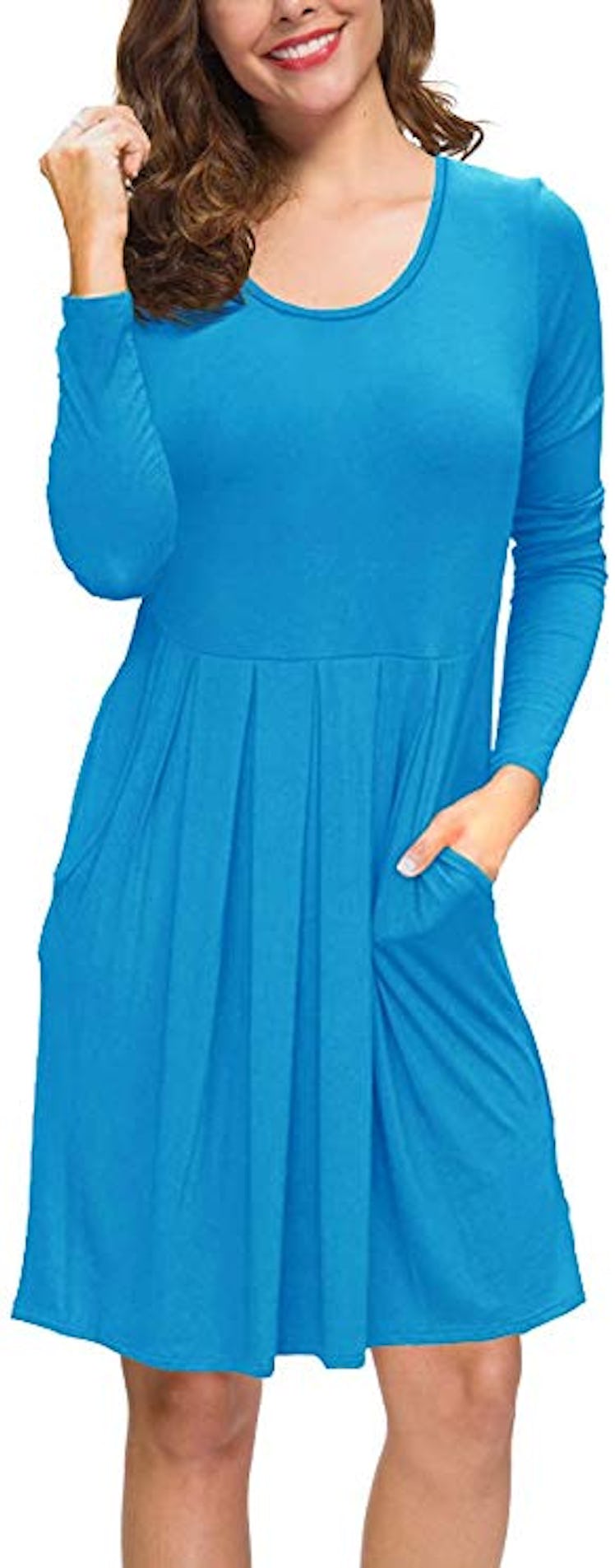 PrinStory Women's Long Sleeve Dress Pleated Loose Swing