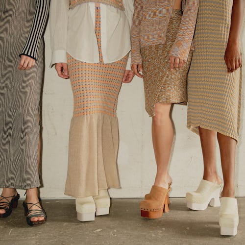 Four women wearing skirt, dress, and shoe trends you need to know about for Spring 2020