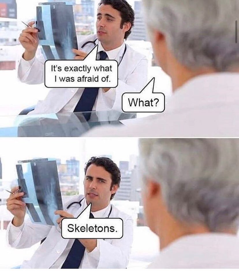 A doctor with a fear of skeletons looking at an X ray.