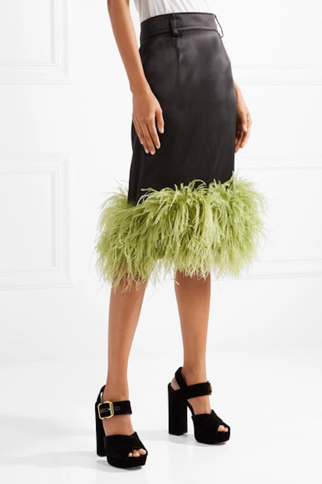 Feather-Trimmed Satin Midi Skirt