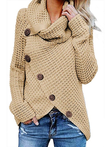 Asvivid Women's Chunky Button Turtle Neck Hem Wrap Pullover Sweater