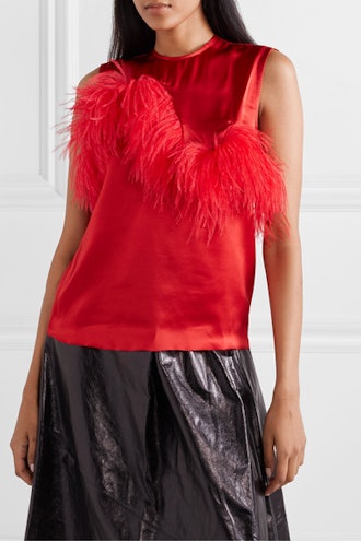 Feather-Trimmed Satin Top