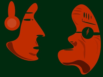 an illustration of two orange people of listening to music