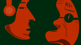 an illustration of two orange people of listening to music