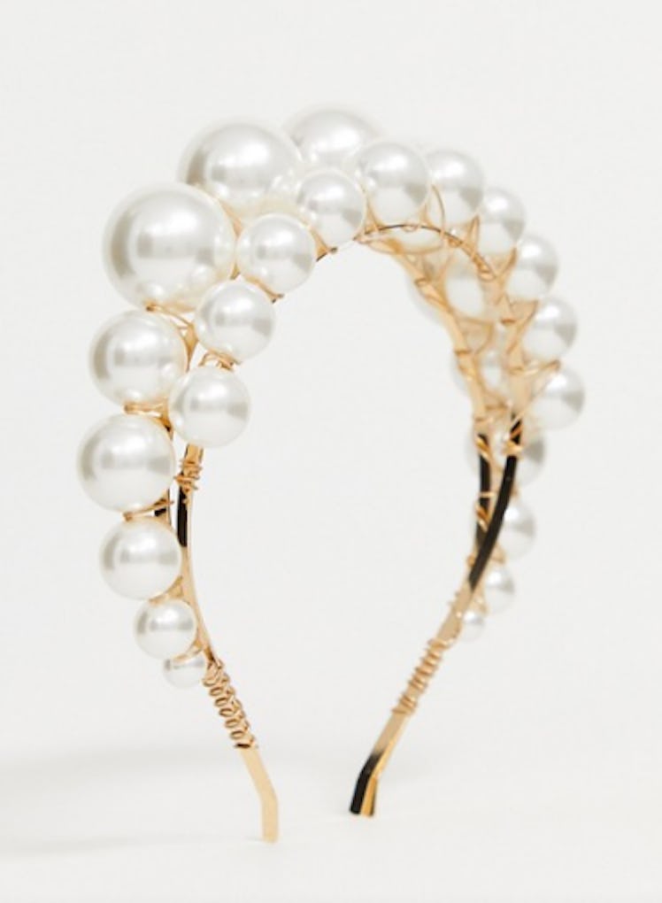 ASOS Design Headband With Double Row Graduating Pearls In Gold