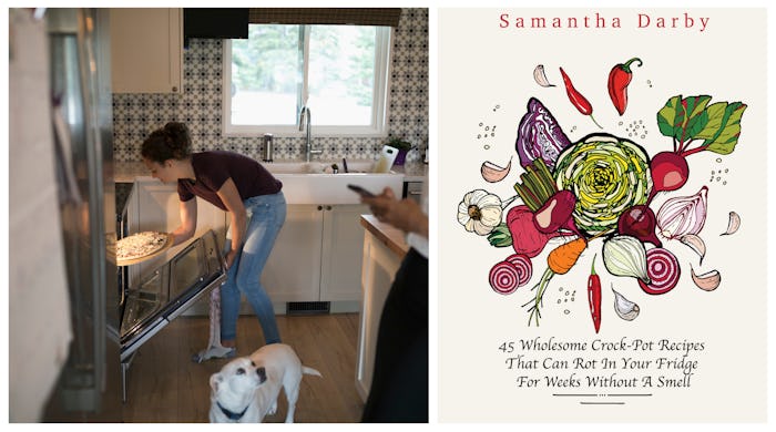 woman putting pizza in oven