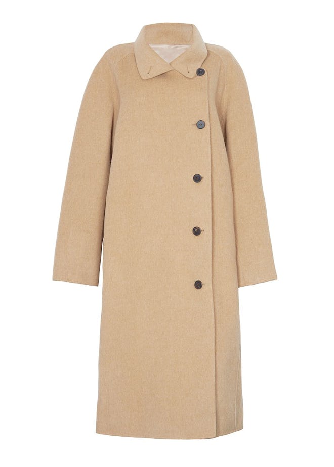 Asymmetrical Button Wool Blend Coat in Solid Camel