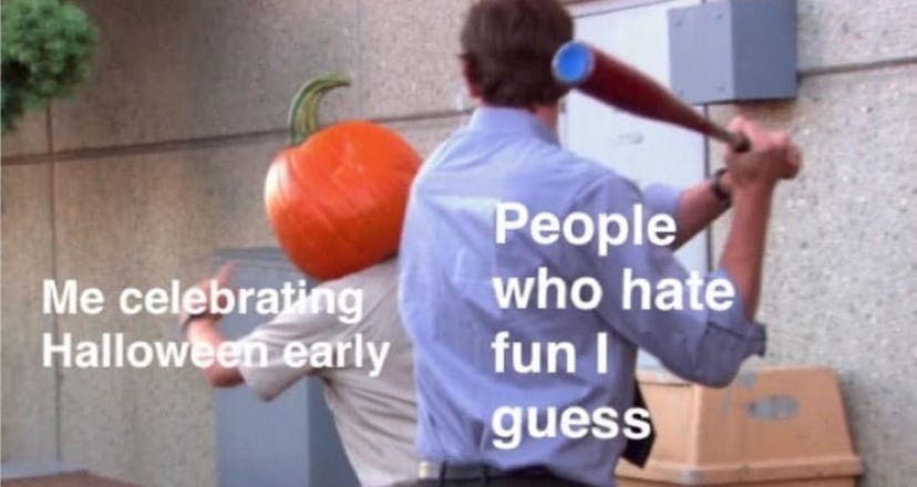 Jim Halpert going after a pumpkin head. 