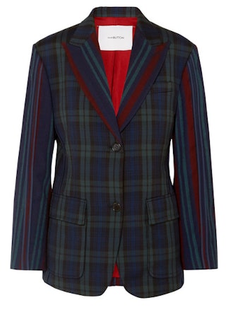 Paneled tartan and striped wool-blend blazer