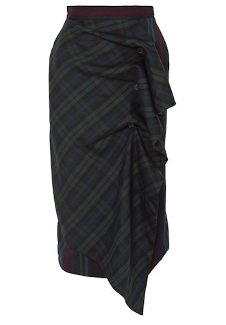 Ruffled paneled tartan and striped wool-blend skirt