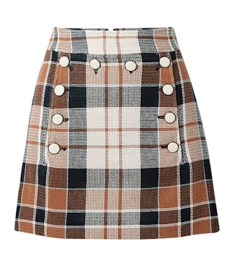 Ording button-detailed checked cotton and flax-blend mini skirt