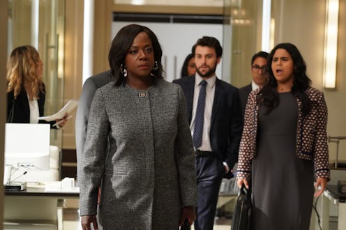 Annalise Keating in How to Get Away With Murder wears a grey skirt and a matching blazer to the offi...