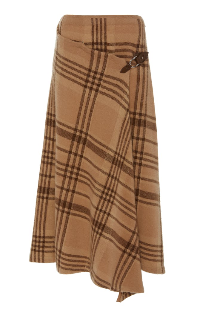 Wrap Effect Asymmetric Checked Wool Midi Skirt