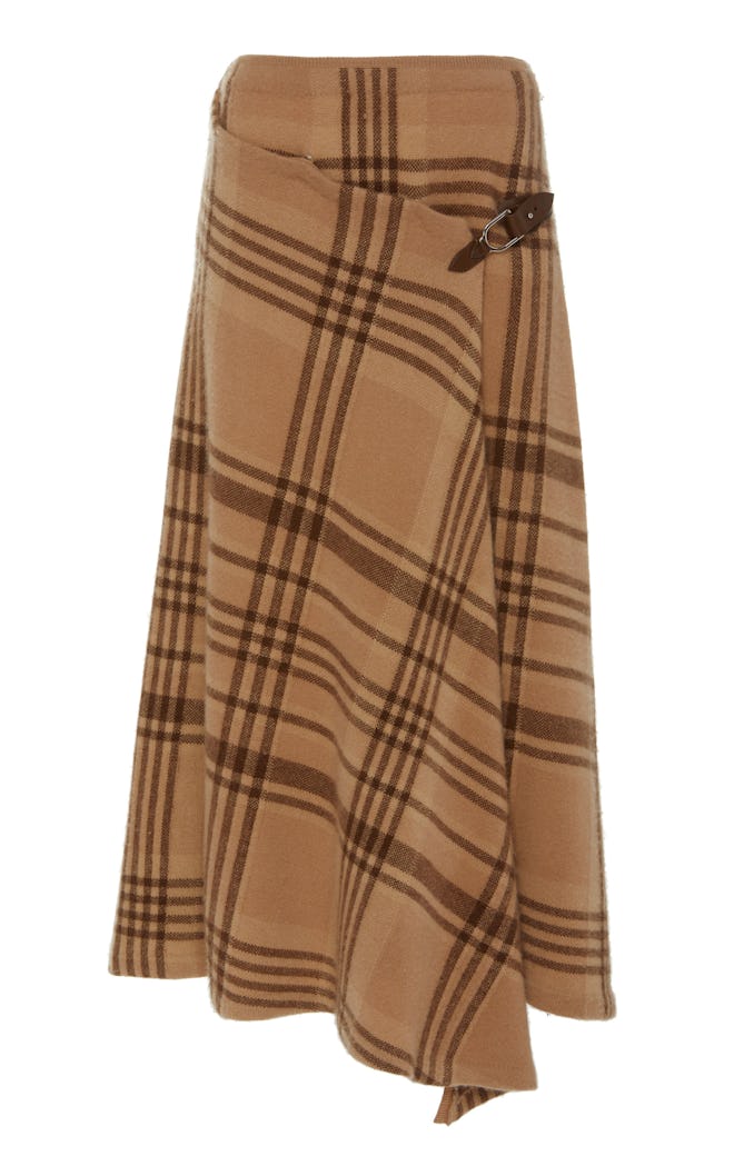 Wrap Effect Asymmetric Checked Wool Midi Skirt