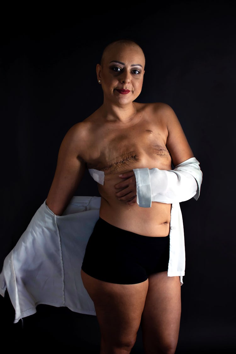 breast cancer awareness month confident asian woman double mastectomy scars 