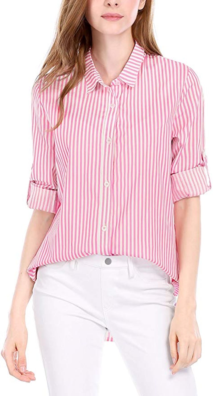 Allegra K Women's Vertical Stripes Button Down