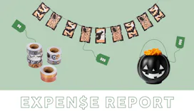 Halloween hanging decorations, a black carved pumpkin and candles with "expense report" written belo...