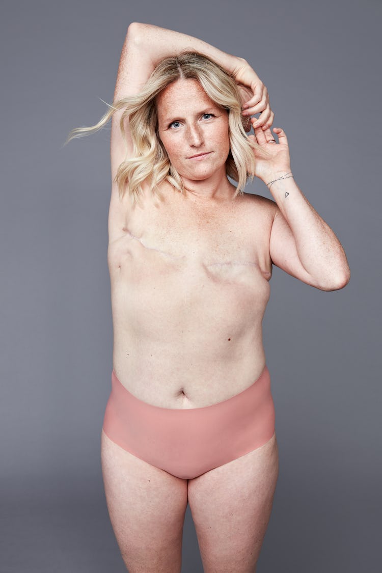 breast cancer awareness month confident caucasian woman double mastectomy scars 