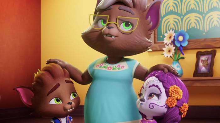 Cats and kittens from Super Monsters standing in their living room