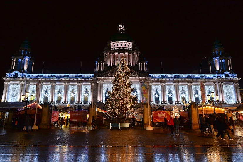 Christmas lights and a giant Christmas tree in Belfast town centre