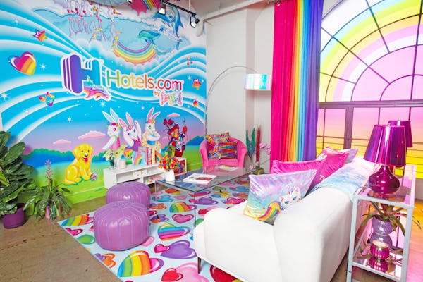 Hotels.com Lisa Frank Flat living room and mural.