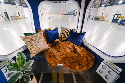 The interior design of the Goodyear Blimp Airbnb listing. 