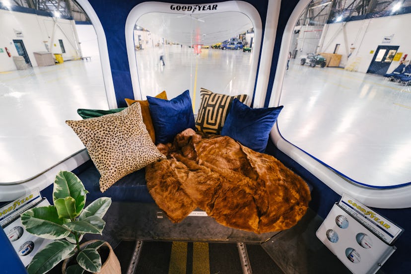 The interior design of the Goodyear Blimp Airbnb listing. 