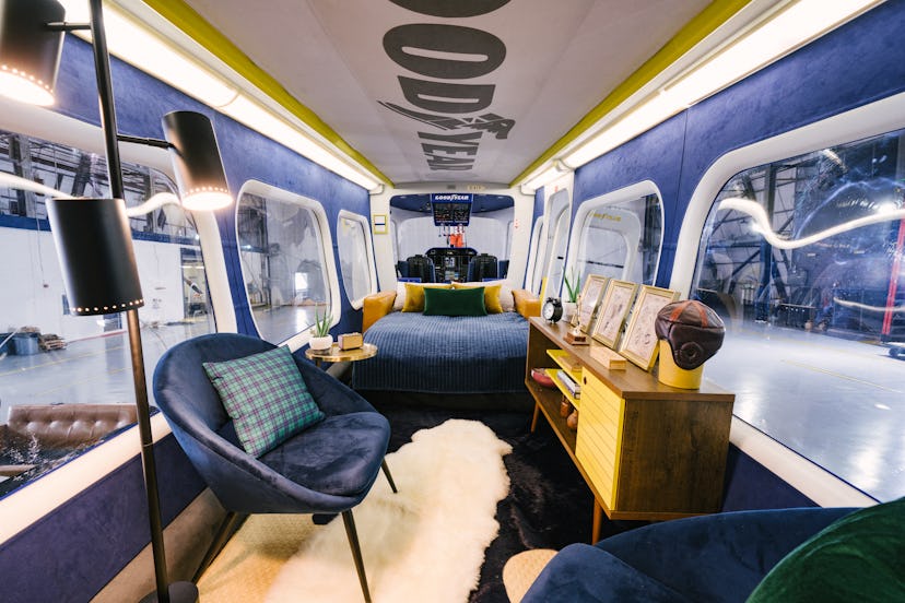 Comfortable bed in the Goodyear Blimp Airbnb listing.