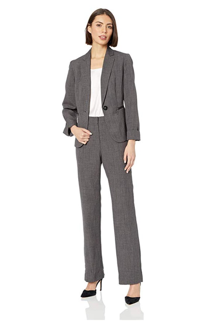 Le Suit Women's 1 Button Notch Collar Melange Pant Suit with Zip Pockets