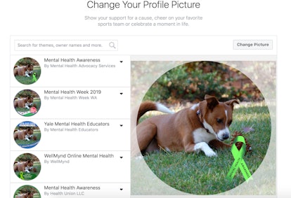 Changing your Facebook profile photo to include a green ribbon for Mental Health Awareness. 