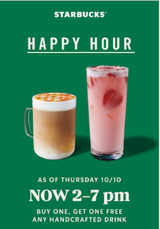 Starbucks' Oct. 10 Happy Hour is a BOGO deal.