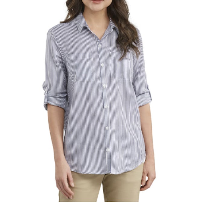 Women's Long Sleeve Button-Up Shirt, Rinsed Blue/White Stripe
